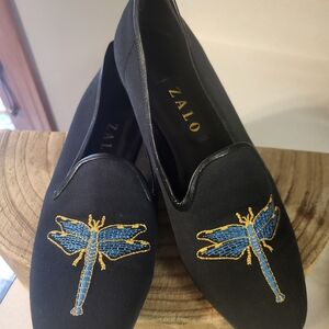 Zalo Black Loafers with Blue and Gold Dragonfly